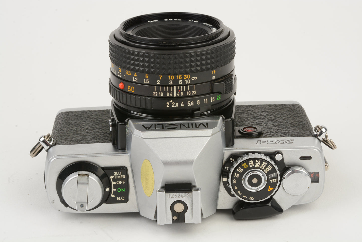 Minolta XG-1 35mm SLR w/MD 50mm F2 lens, case, 132X Flash, New seals, tested, Nice!