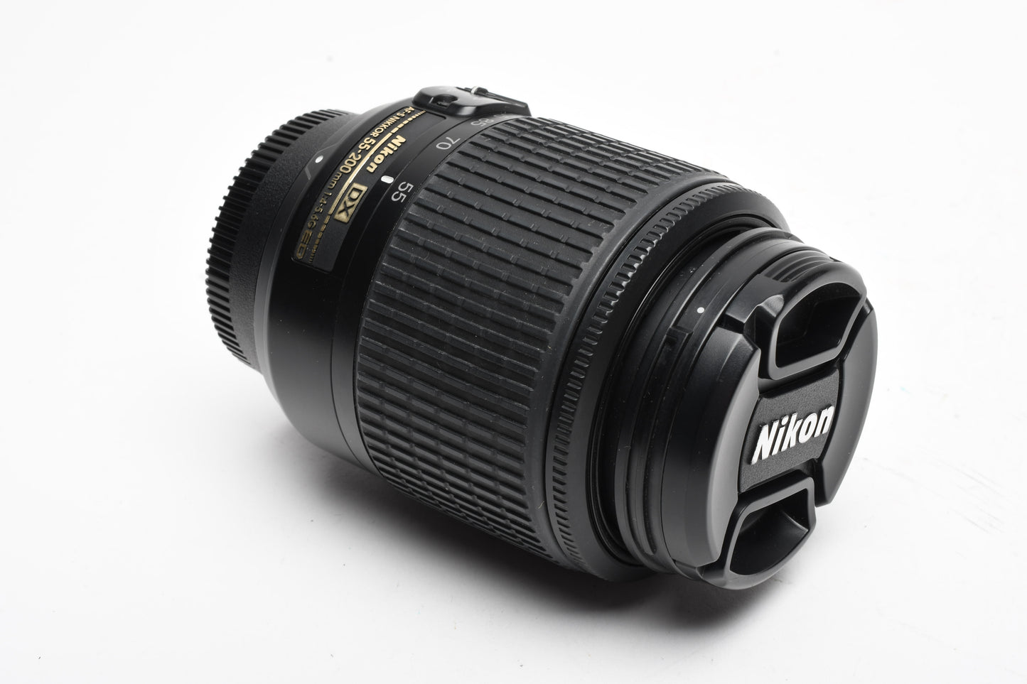 Nikon AFS Nikkor 55-200mm F4-5.6G ED DX zoom lens, caps, pouch, manual