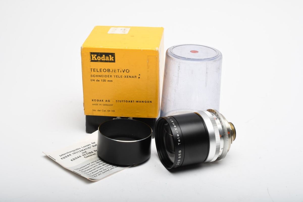 Kodak Schneider Retina Tele-Xenar 135mm F4 Lens for Kodak Reflex w/Box, jewel case, Hood, Nice!