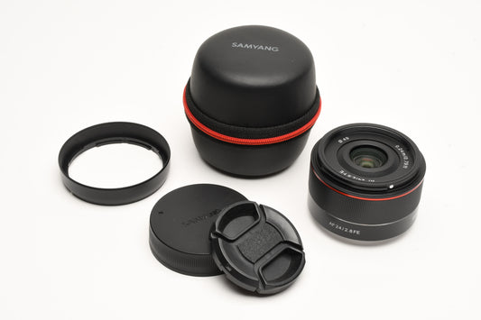 Samyang AF 24mm f2.8 FE Lens for Sony E Mount, Case, hood, caps, Mint-