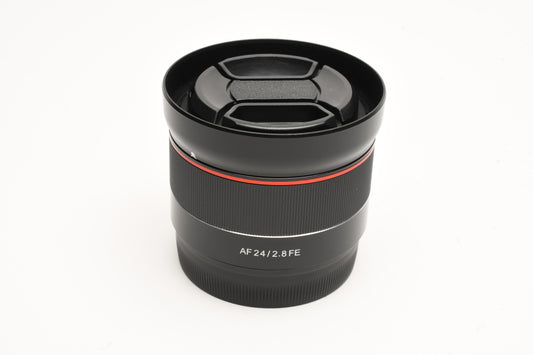 Samyang AF 24mm f2.8 FE Lens for Sony E Mount, Case, hood, caps, Mint-