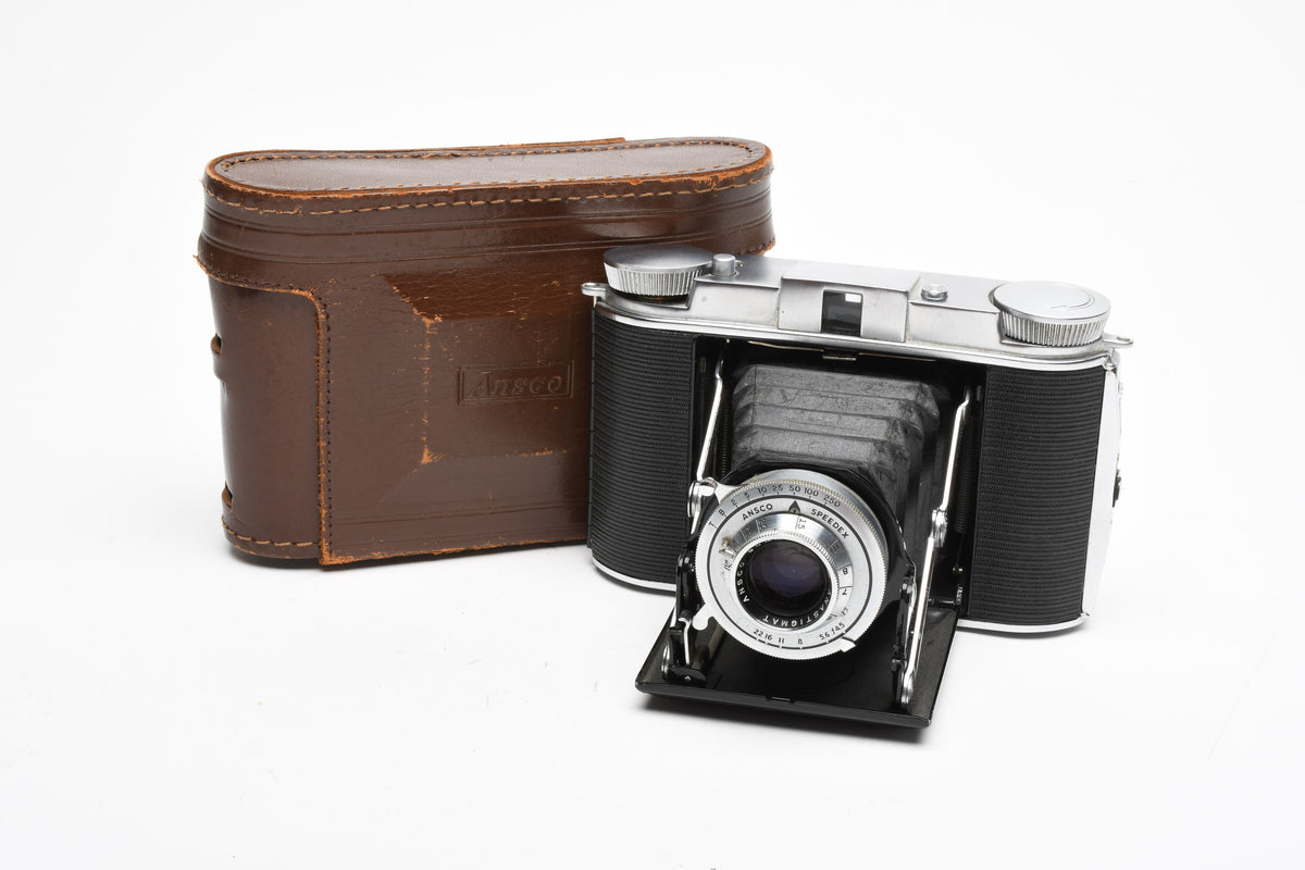 Ansco Speedex Folding Camera 90mm F4.5 Lens w/ Leather Case, Vintage, Read*
