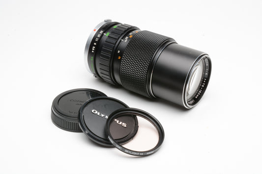 Olympus 75-150mm F4 MF lens OM mount, caps, Sky filkter, clean, tested