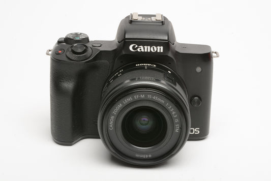 Canon EOS M50 2-lens kit (EF-M 15-45 & 55-200mm lenses), 2batts, charger, strap, boxed