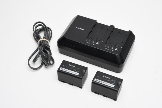 Canon CG-A10 dual battery charger w/ 2X BP-A30 batteries + power cord, great