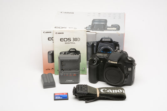 Canon EOS 30D DSLR Body, batt+charger+2Gb CF card+manual+strap, tested, Box