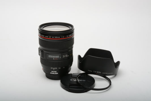 Canon EF 24-105mm f4 L USM Macro Zoom Lens, Hood, Canon UV, Mint-