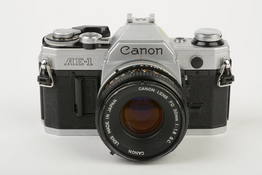 Canon AE-1 35mm SLR Camera w/Canon FD 50mm f/1.8 Prime Lens, new seals