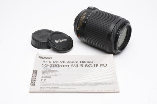 Nikon AF-S Nikkor 55-200mm f4-5.6G ED VR zoom lens, caps + manual