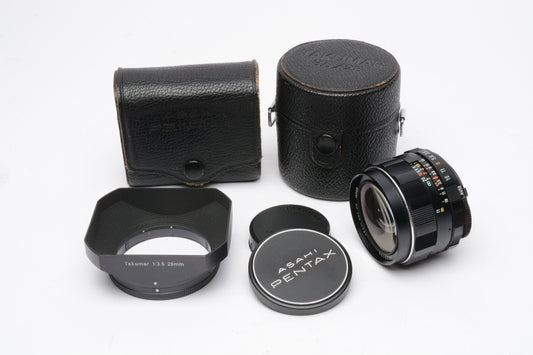 Super Takumar 28mm f3.5 M42 mount lens, caps, case, hood, clean and sharp