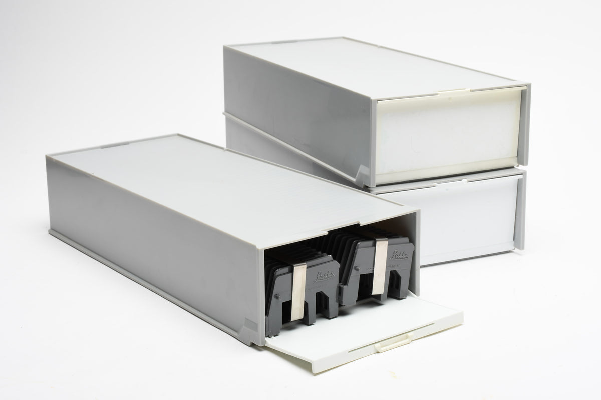 3X Leica Leitz straight slide trays holds 100 35mm slides (2x 50 slot trays per box, 3 boxes)