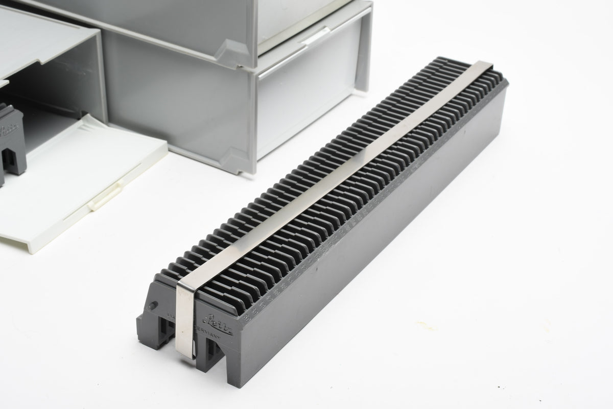 3X Leica Leitz straight slide trays holds 100 35mm slides (2x 50 slot trays per box, 3 boxes)