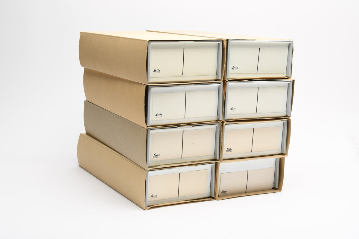 8X Leica Leitz straight slide trays holds 100 35mm slides (2x 50 slot trays per box, 8 boxes)