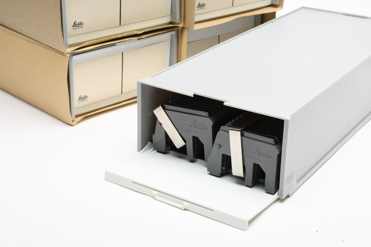 8X Leica Leitz straight slide trays holds 100 35mm slides (2x 50 slot trays per box, 8 boxes)