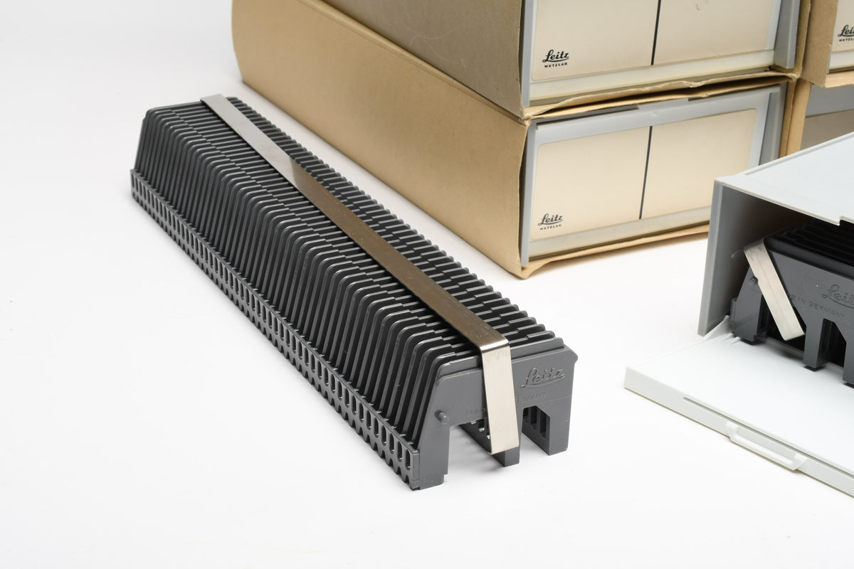 8X Leica Leitz straight slide trays holds 100 35mm slides (2x 50 slot trays per box, 8 boxes)