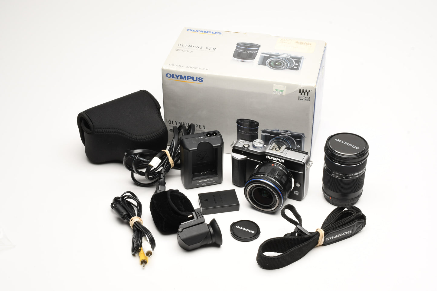 Olympus E-PL1 double zoom w/14-42mm, 40-150mm, VF-2, Mint-, Boxed