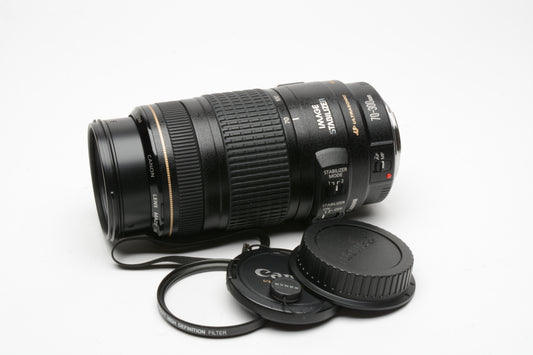 Canon EF 70-300mm f4-5.6 IS USM zoom lens, caps, UV, Mint-