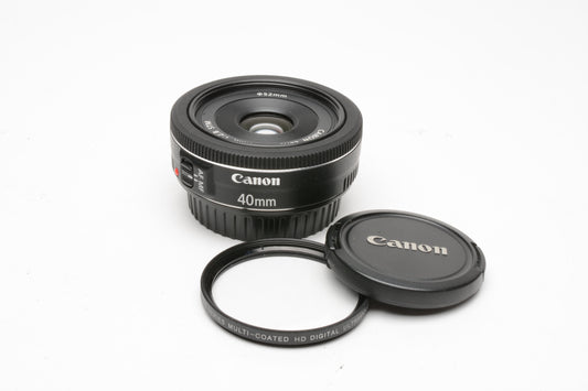 Canon 40mm f2.8 STM Macro pancake lens, caps, UV, tested, Mint-