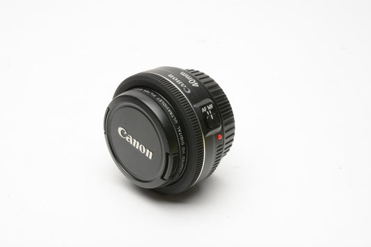 Canon 40mm f2.8 STM Macro pancake lens, caps, UV, tested, Mint-