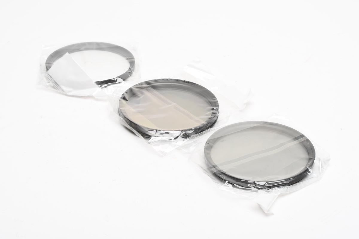 ProOptic 62mm essential filters set of 3:  UV, ND2, CPL, New in case