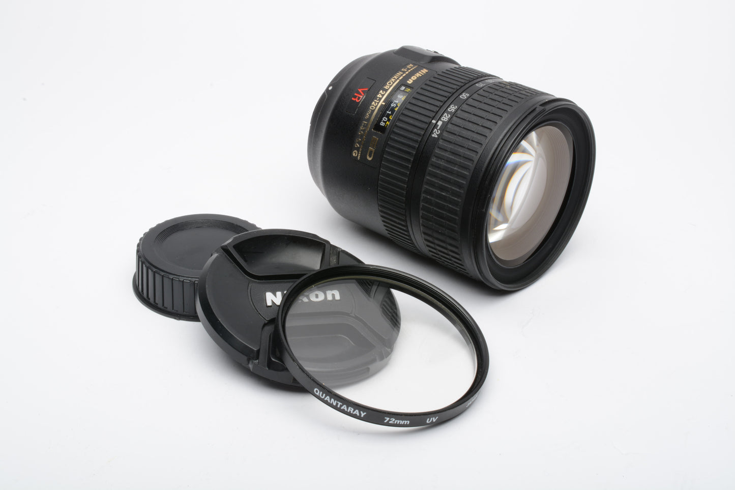 Nikon AF-S 24-120mm f3.5-5.6G ED VR zoom lens, caps, clean and sharp +UV