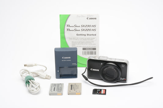 Canon SX230HS 12.1MP w/GPS Digital Point&Shoot camera, 2batts, manual, Nice!