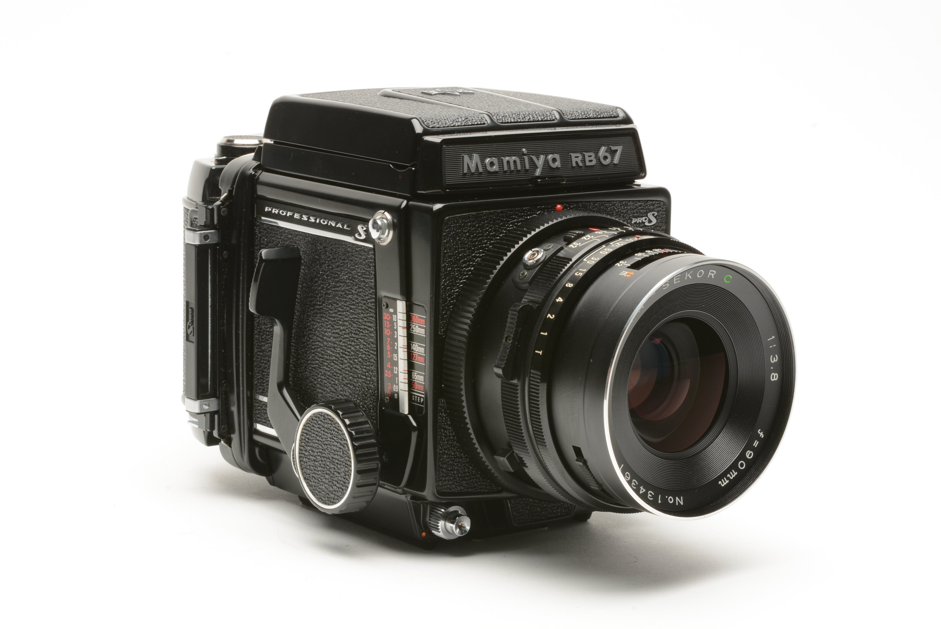 Mamiya RB67 Pro S Body w/90mm F3.8 C lens, 120 back, WLF, hood