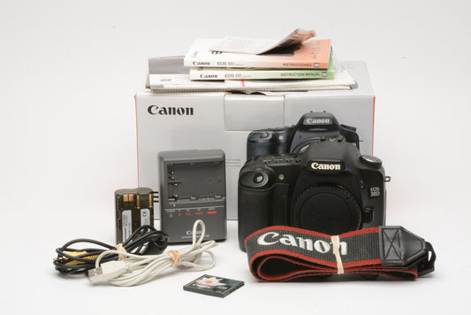 Canon EOS 30D DSLR Body, 2batts+Charger+512MB CF Card+Manuals+Strap, Tested, Box