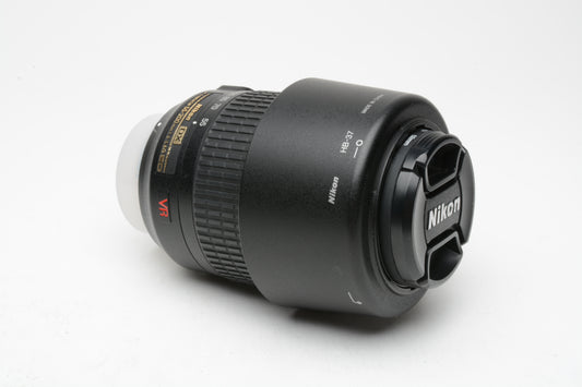 Nikon AFS Nikkor 55-200mm F4-5.6G ED DX VR zoom lens, caps, hood+UV filter+pouch