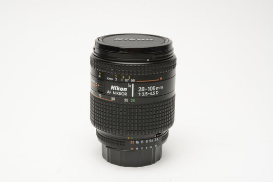 Nikon AF Nikkor 28-105mm f3.5-4.5D macro zoom lens, Caps. Great!