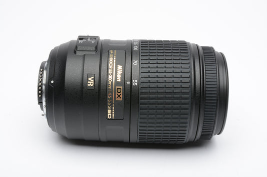 Nikon AF-S VR Nikkor 55-300mm f4.5-5.6 G ED DX lens, w/pouch, hood, Reconditioned