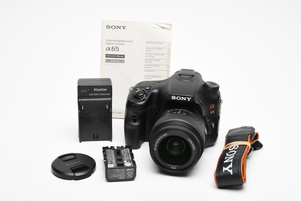 Sony A65 SLT-A65V DSLR Body w/18-55mm zoom, batt, charger, strap, only 6633 acts!
