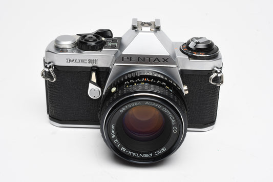Pentax ME Super SLR w/ Pentax-M 50mm f2 Lens, Strap, New Seals, Nice!