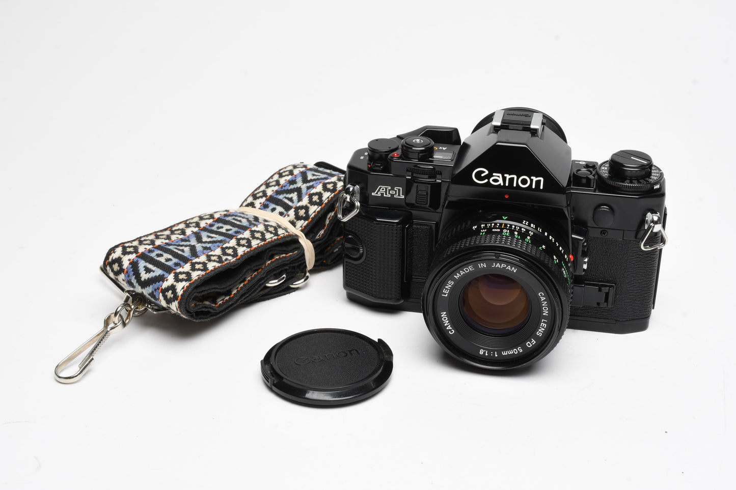 Canon A-1 35mm SLR w/ 50mm f1.8 FD Lens, Canvas Strap, New Seals, Great!