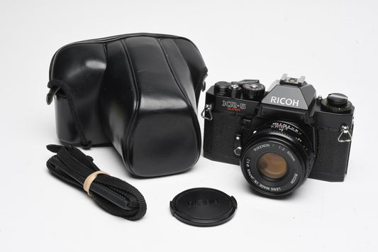 Richo KR-5 Super SLR w/Rikenon 50mm f/2 Lens, Strap, Case, New Seals!