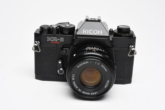 Richo KR-5 Super SLR w/Rikenon 50mm f/2 Lens, Strap, Case, New Seals!