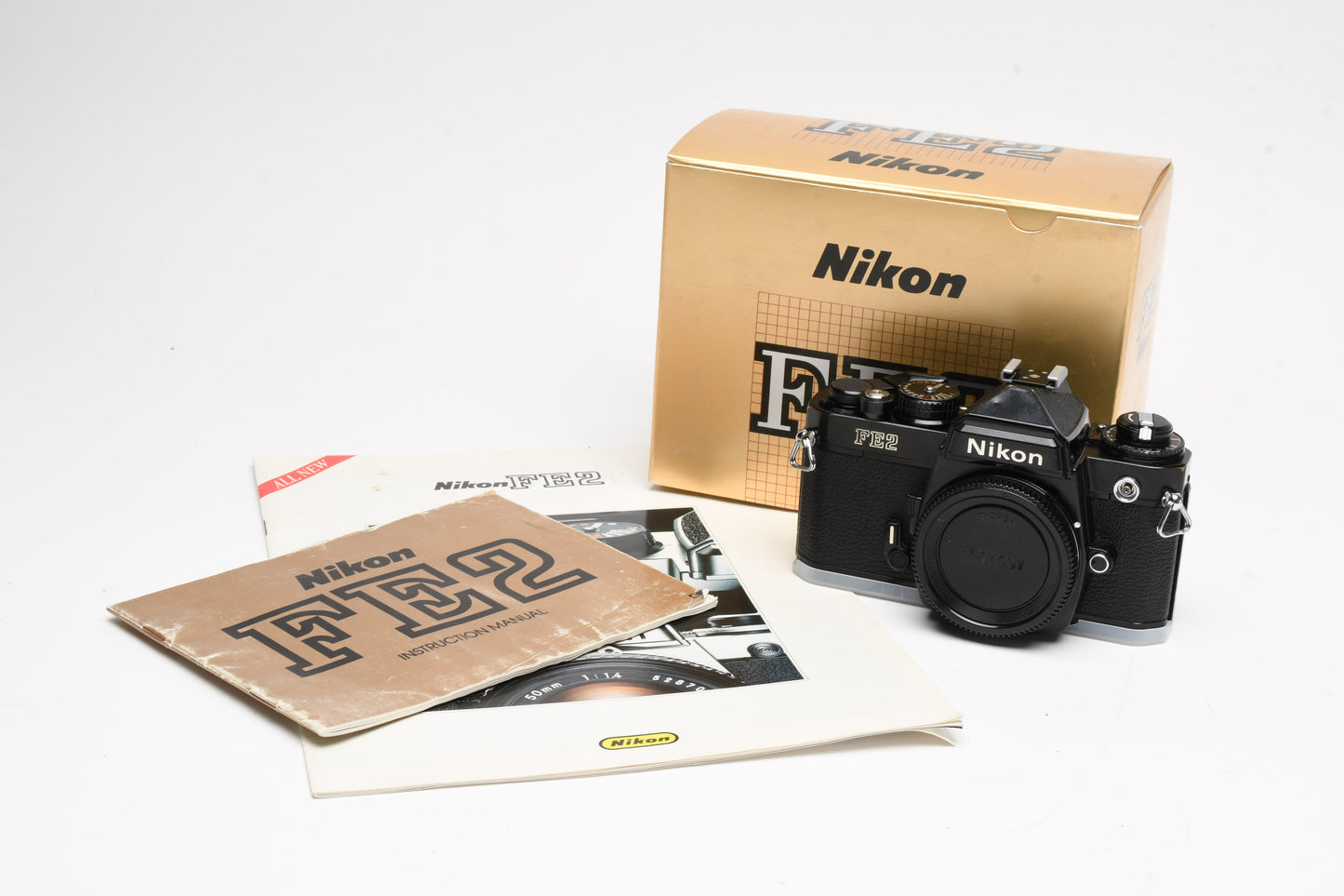Nikon FE2 35mm SLR Black Camera Body, Box, Manual, New Seals, Nice!