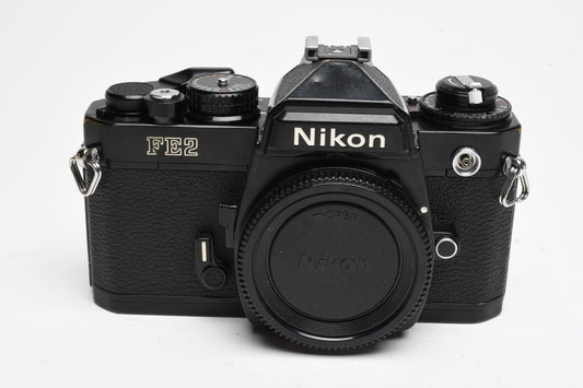 Nikon FE2 35mm SLR Black Camera Body, Box, Manual, New Seals, Nice!