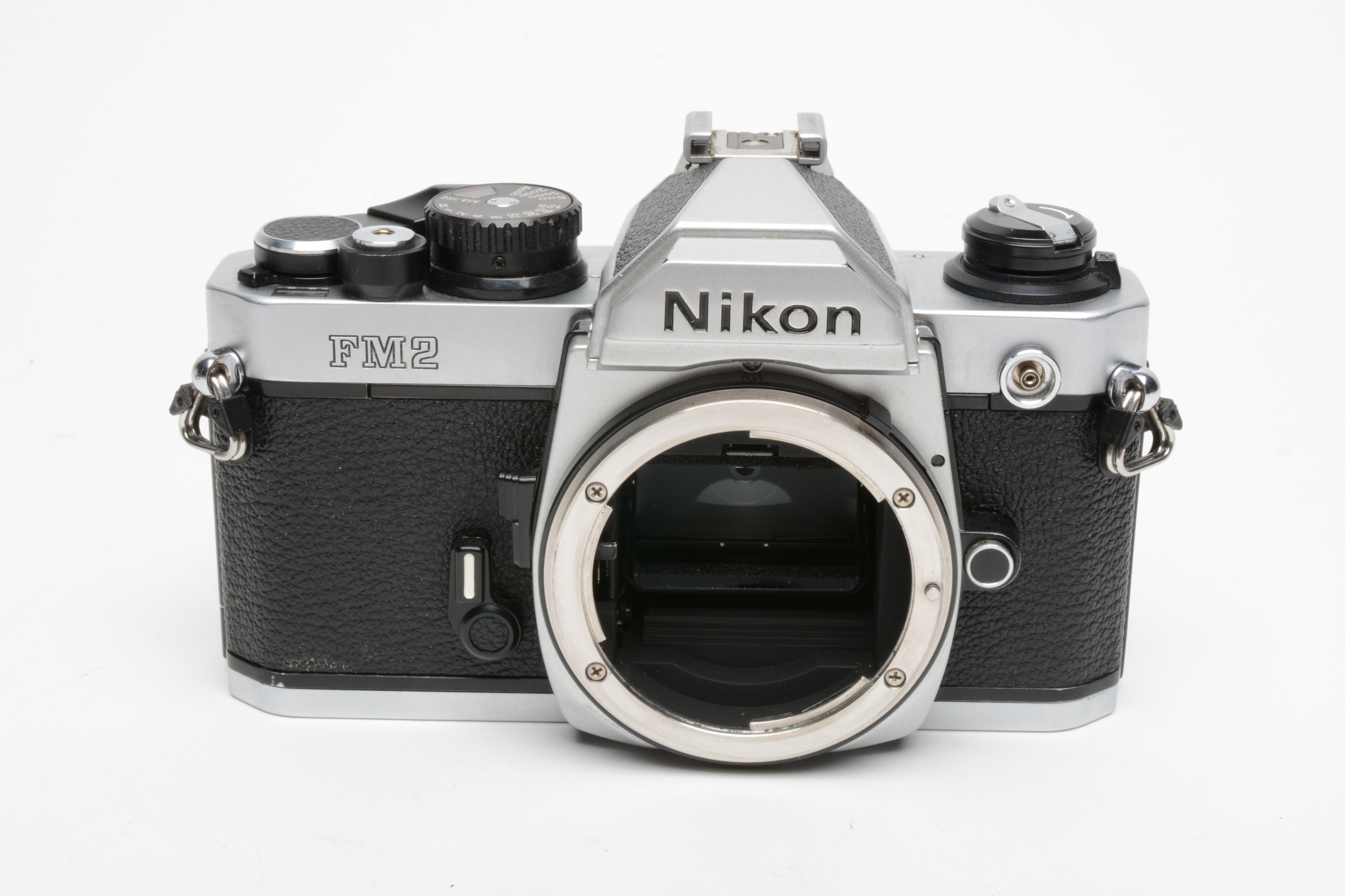 Nikon FM2N chrome 35mm SLR body, strap, cap, eyepiece, tested, accurate