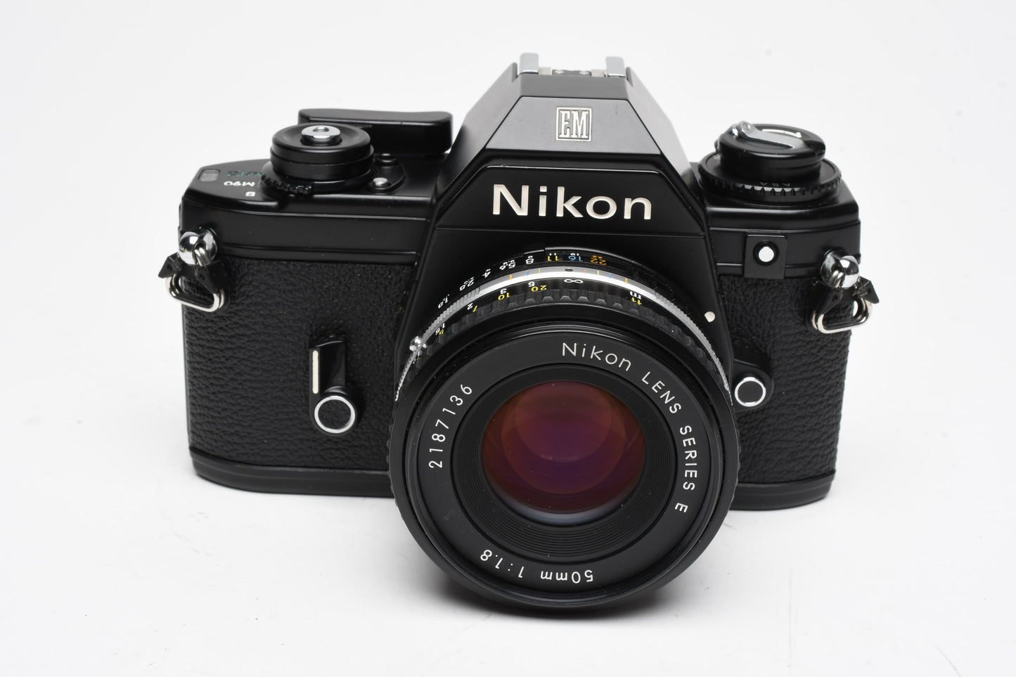 Nikon EM 35mm SLR w/Nikon Series E 50mm f1.8 Lens, Strap, Manual, 1A Filter, New Seals!