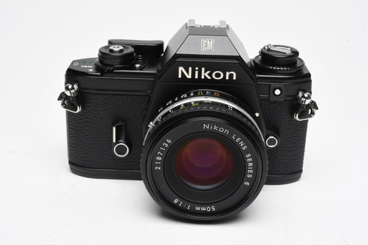 Nikon EM 35mm SLR w/Nikon Series E 50mm f1.8 Lens, Strap, Manual, 1A Filter, New Seals!