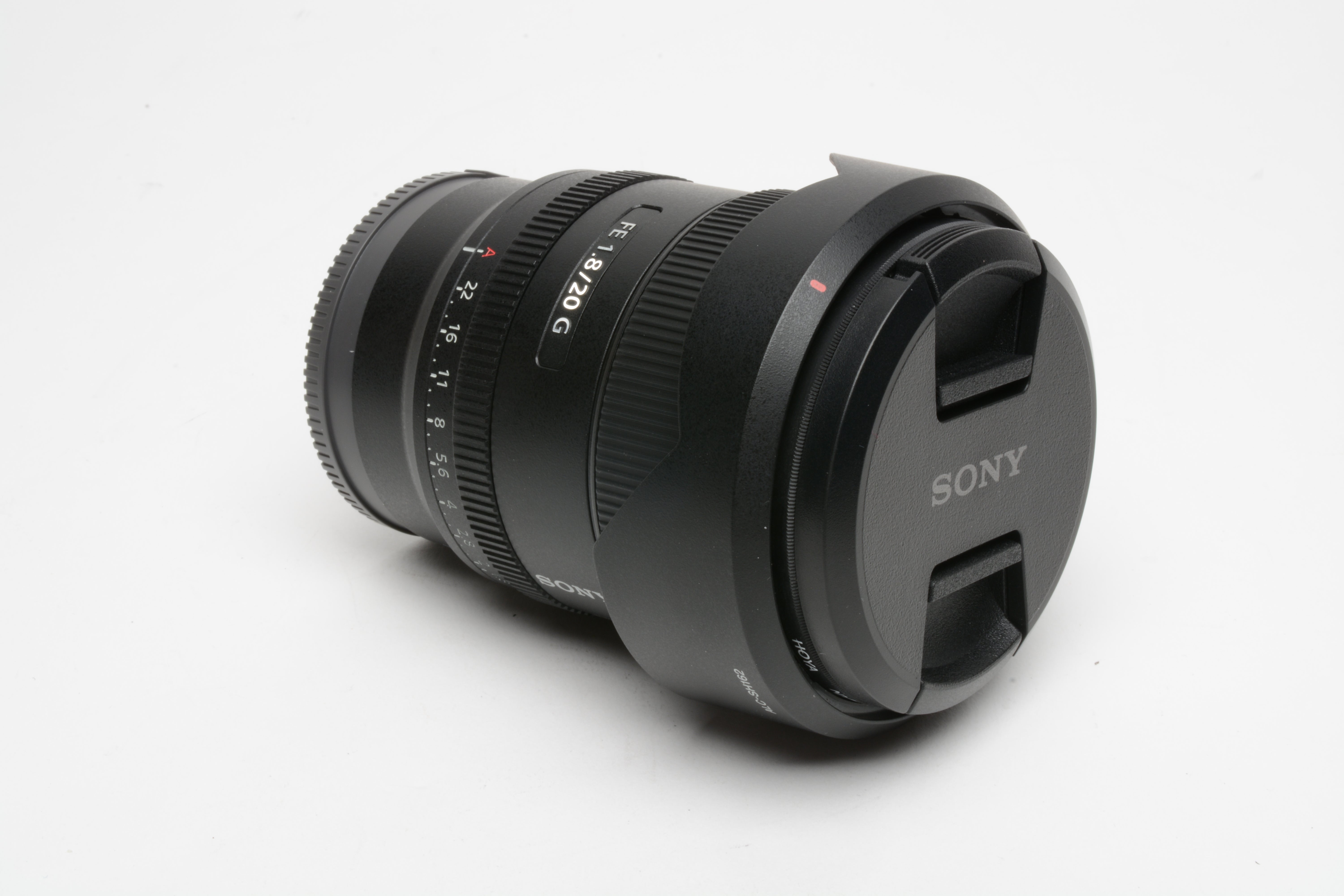 Sony FE 20mm f1.8G SEL20F18G wide lens, hood+caps, Mint