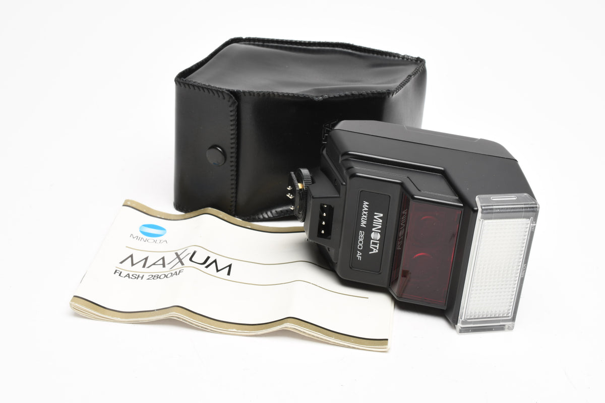 Minolta Maxxum AF 2800AF flash, case, diffuser, manual, tested, *Read