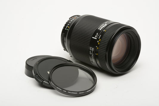 Nikon AF 70-210mm F4-5.6 zoom, caps + circular polarizing filter, nice