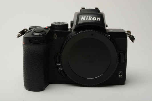 Nikon Z50 Mirrorless Body, Nikon battery, dual charger, strap, 17k acts