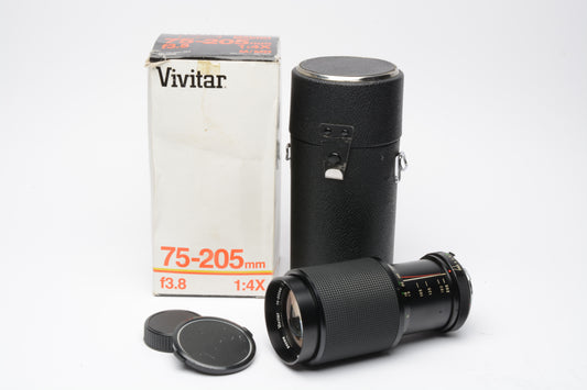 Vivitar 75-205mm f3.8 zoom lens Minolta MD Mount, Caps, Case, Box, Nice!