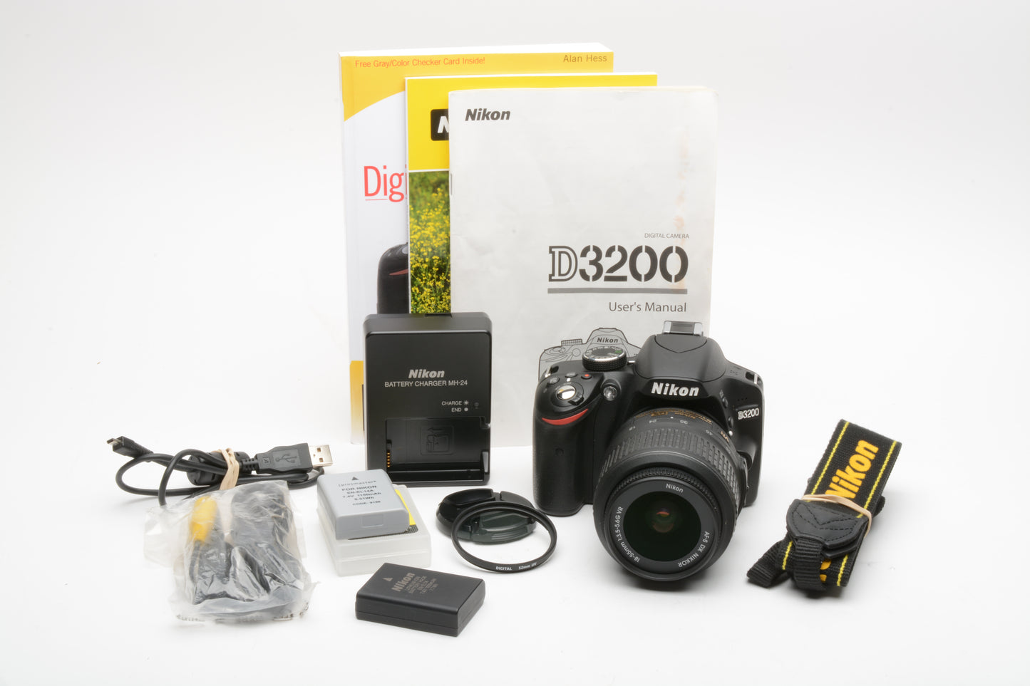 Nikon D3200 DSLR w/18-55mm f3.5-5.6G VR zoom lens, batt+charger+strap 1594 Acts