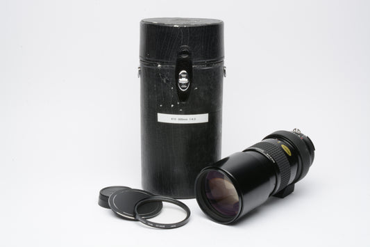 Nikon Nikkor 300mm f4.5 lens, AI Mount, caps, case, 72mm UV