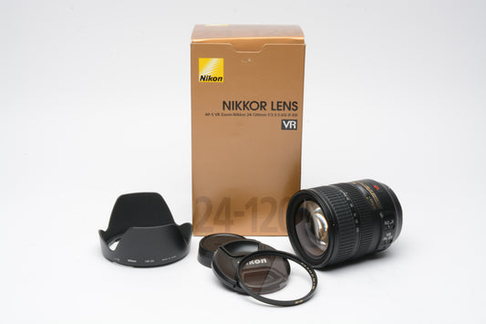 Nikon AF-S Nikkor 24-120mm F3.5-5.6G VR ED IF SWM Lens, Hood+Caps+B+W UV Mint