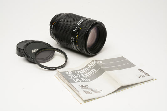 Nikon AF 70-210mm F4-5.6 zoom, very clean, UV + Manual + caps